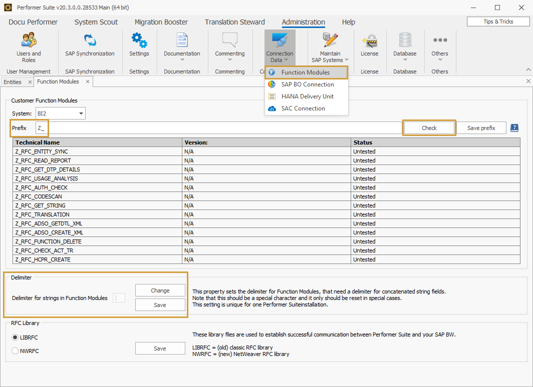 Function Modules area accessible via Connection Data dropdown of the Administration Ribbon