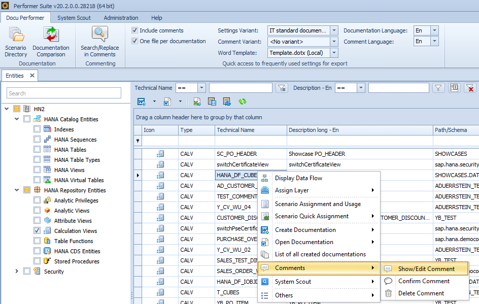 Comment submenu in the context menu of a HANA object