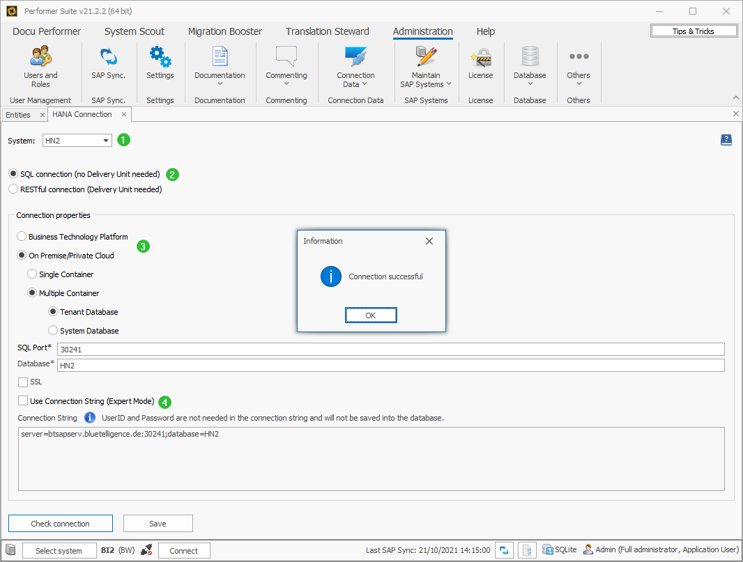 HANA Connection Settings with System Selection, SQL Connection selected and selection of BTP or On Premise