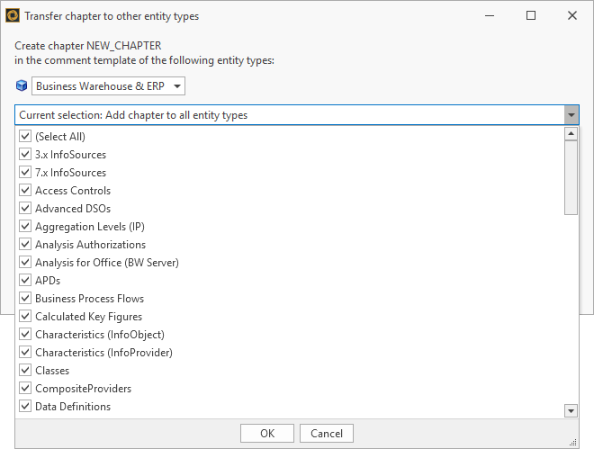 Transfer chapter pop-up to select the object types the chapter should be transferred to