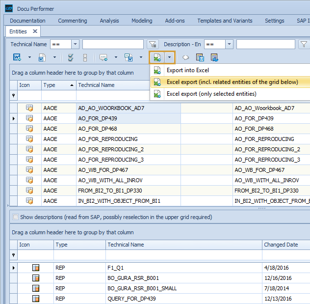 Excel export including related entities in the Excel export dropdown
