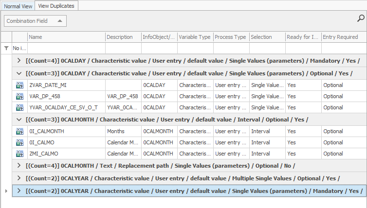 Results of the Variable Analyzer in the duplicate View showing groups of Variables