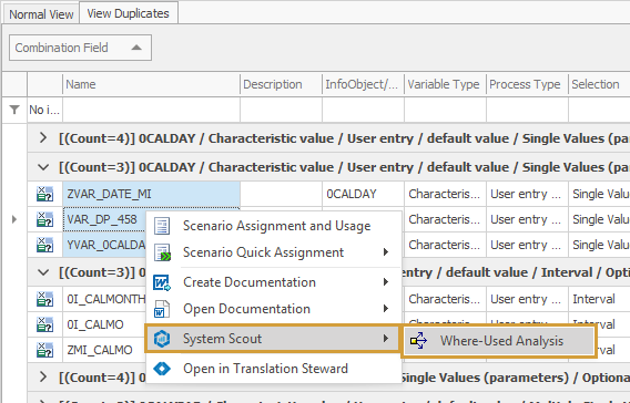 3 variables selected for the Where-used Analysis via the Context Menu