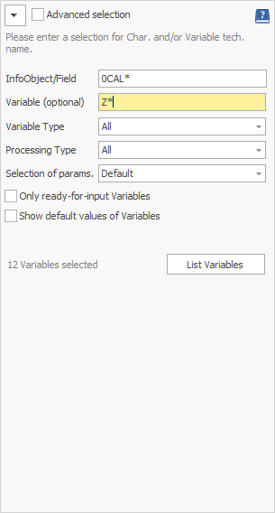 Standard selection with filters for InfoObject and Variables, and Variable and Processing type