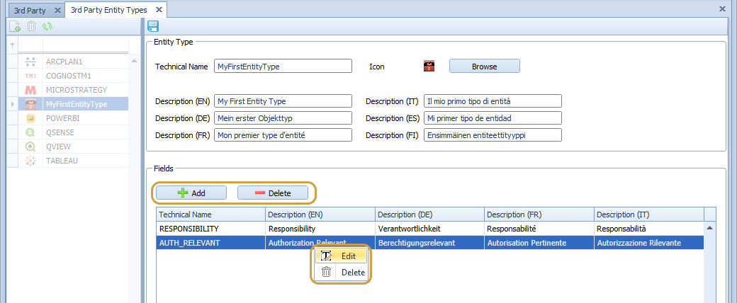 Buttons and context menu to create, edit and delete custom fields