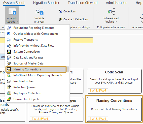 Naming Conventions in the Analysis Reports dropdown of the System Scout ribbon