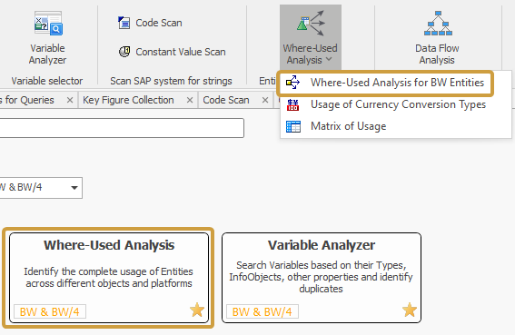 Where-Used Analysis in the System Scout ribbon and the System Scout search