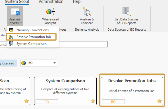 Resolve Promotion Jobs in the Analysis Reports dropdown and the search of the System Scout