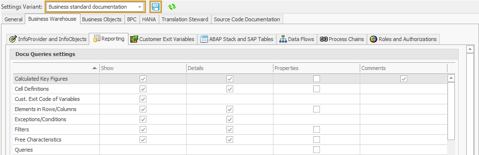 Selection of the settings variant at the top of the Settings window