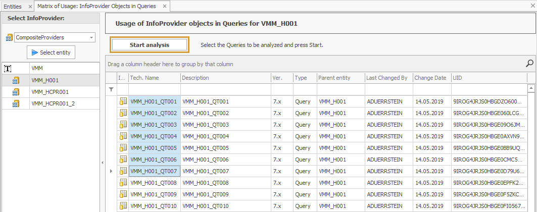 Selection of the Queries based on the selected InfoProvider and start Analysis button