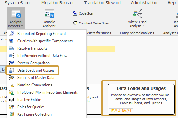 Data Loads and Usages in the Analysis Reports dropdown of the system scout ribbon