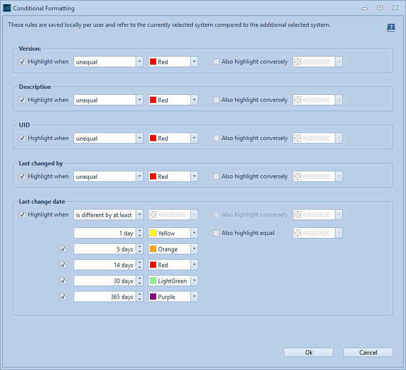 Highlighting options depending on Version, Description, UID, change date and changer