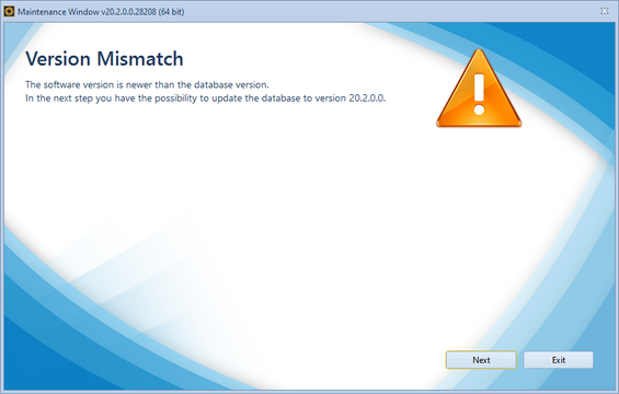 Warning, that the software version is newer than the database version