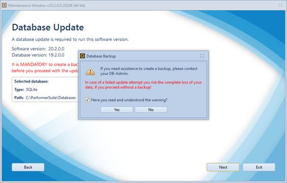 Pop-up to confirm that a backup of the database was made before the update
