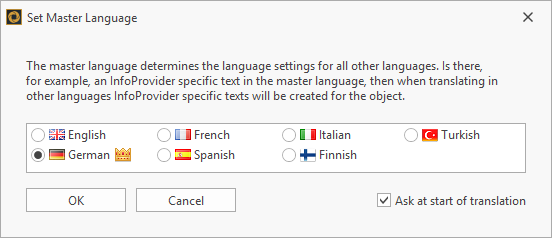 Set Master Language dialog with selection of the languages supported by your SAP system