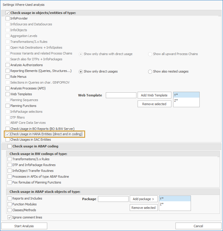 Check usage in HANA entities option in the Where-used dialog