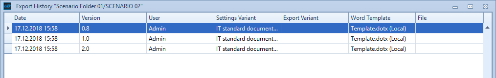 Export History of a Scenario showing 3 exports with all settings made