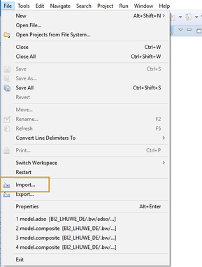 Import in the file menu of HANA Studio in Eclipse