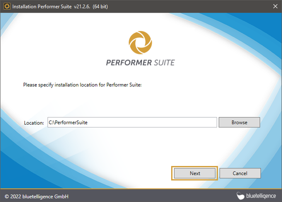 Performer Suite installation window with Installation path