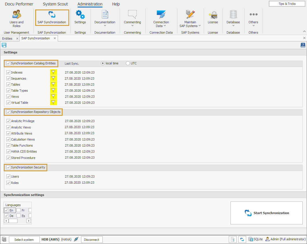 HANA Synchronization tab splitted into Catalog, Repository and Security objects