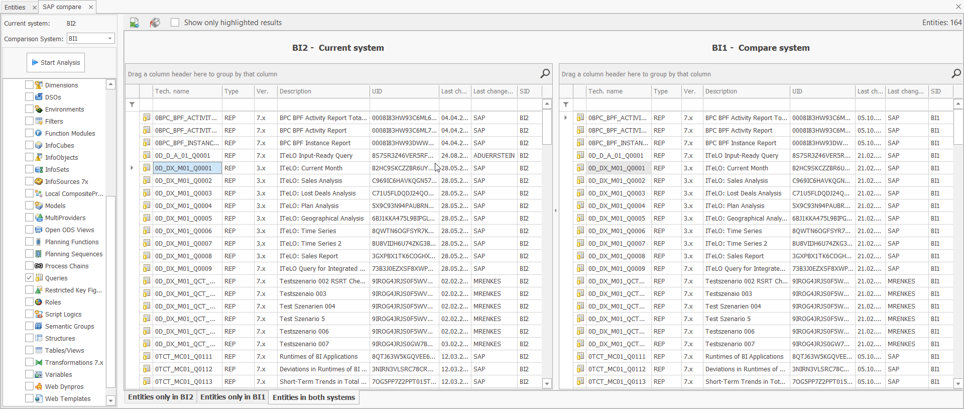 GIF showing the comparison of the buildup of two entities via the context menu