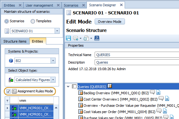 Assignment rule mode activated in the object selection
