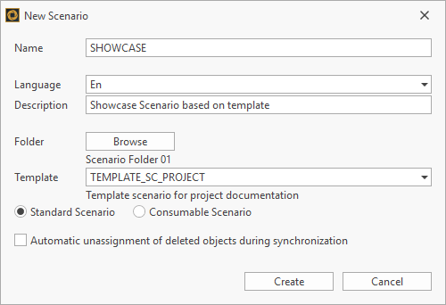 New Scenario pop-up with options to set name, description, language and select a template
