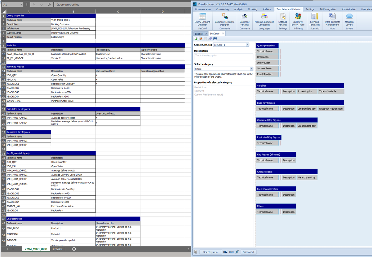 Comparison between Excel export and SetCard in the Performer Suite