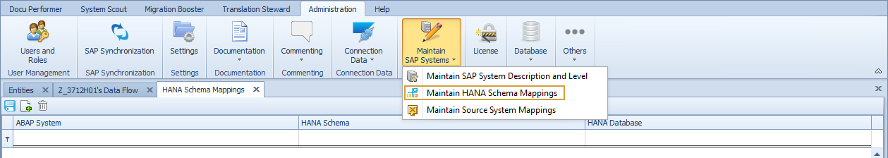 HANA Schema Mappings in the Maintain SAP Systems dropdown of the Administration ribbon