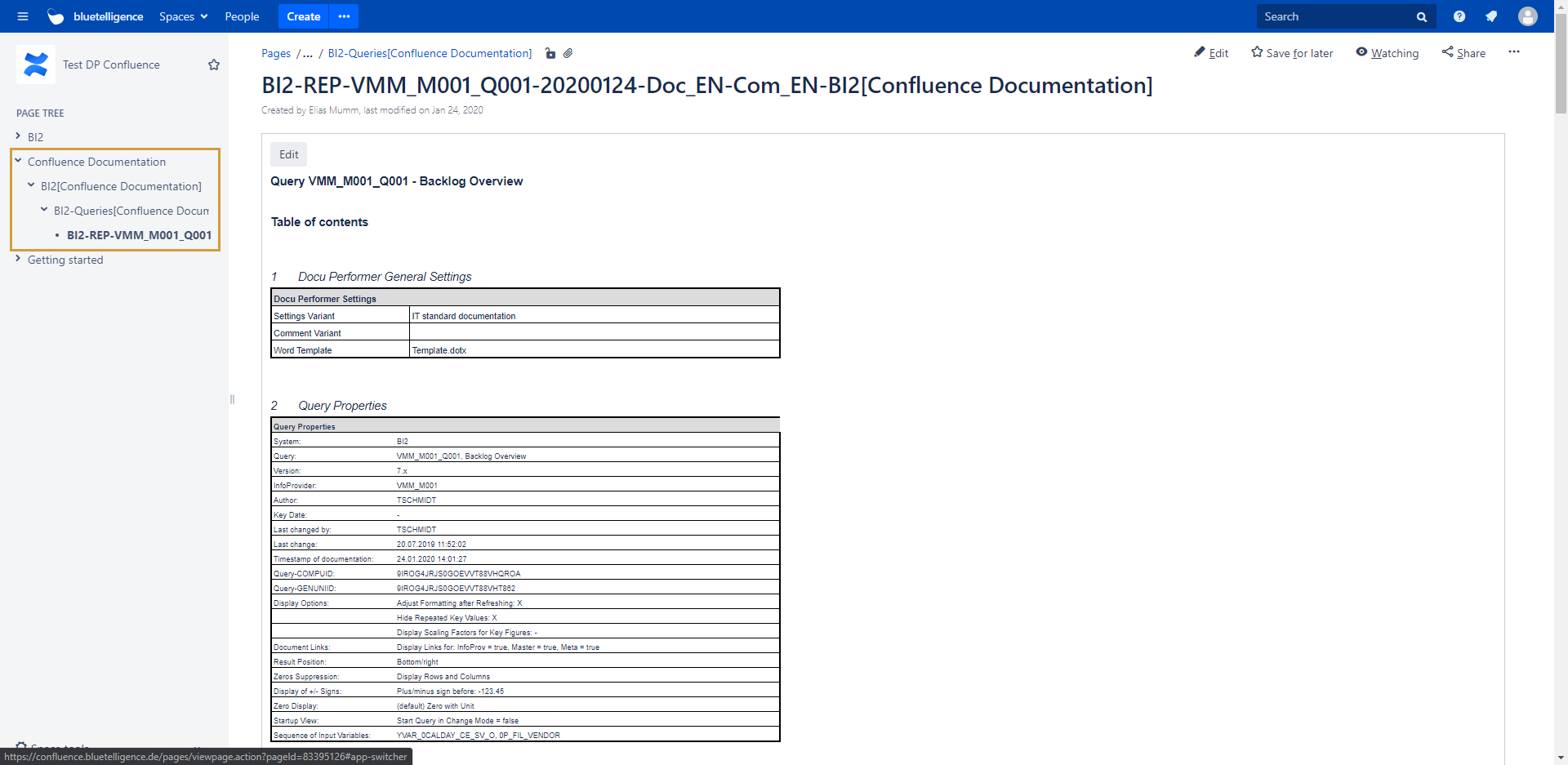 Documentation of a Query in Confluence under a general path