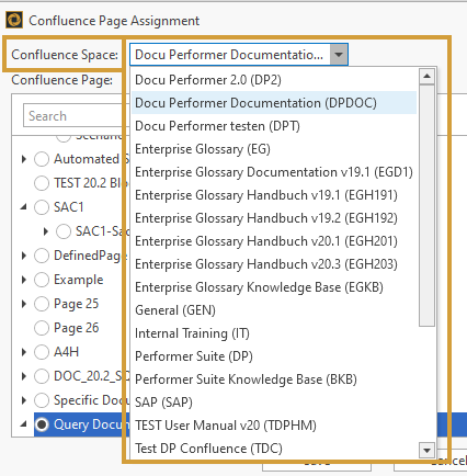 Confluence Page assignment window with space selection