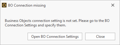 BO Connection pop-up explaining that the Connection Data is missing