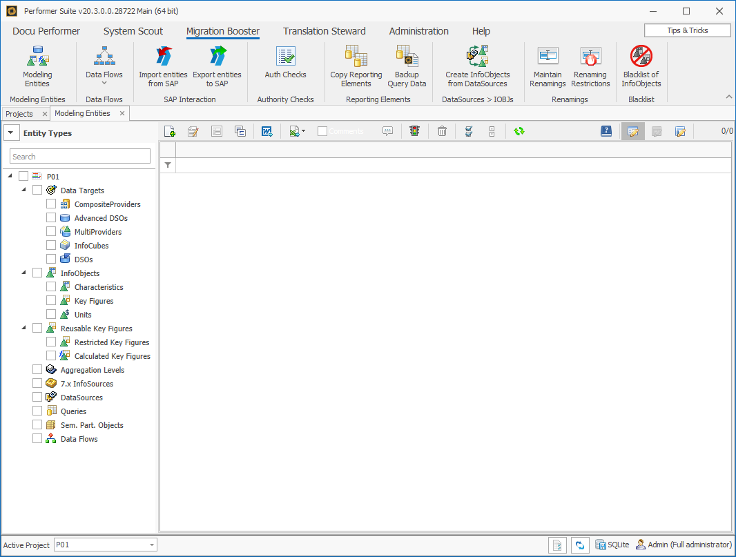 Modeling Entities tab in the Migration Booster