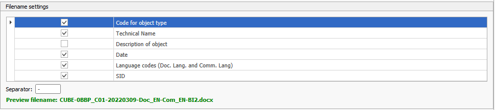 File name settings with file name preview