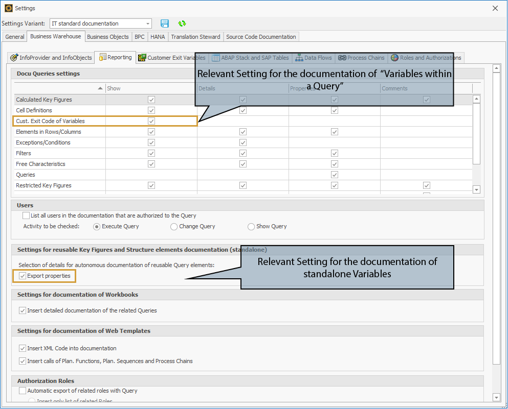 Image, showing where the mentioned settings can be found in the export settings for Reporting entities