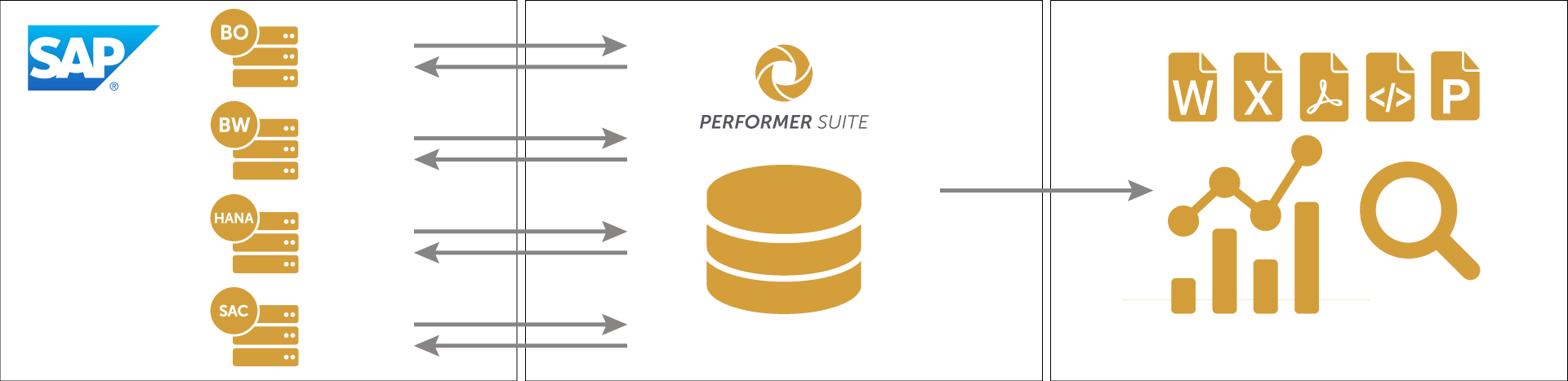 Performer Suite connects to SAP systems and generates analyses and documentations