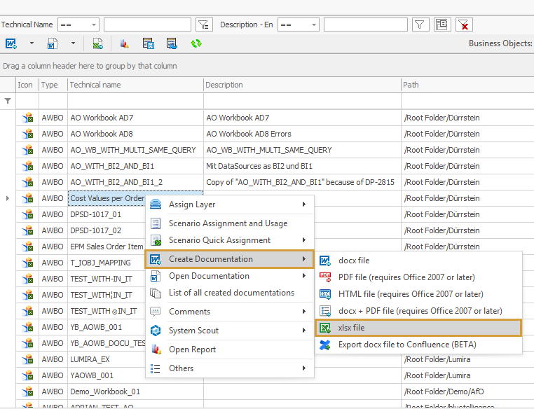 Excel entry in the documentation submenu of the context menu of an AO Workbook