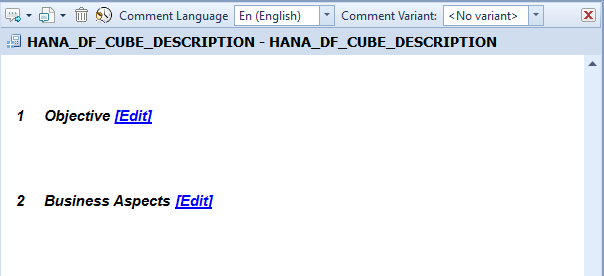 Comment section of a HANA object