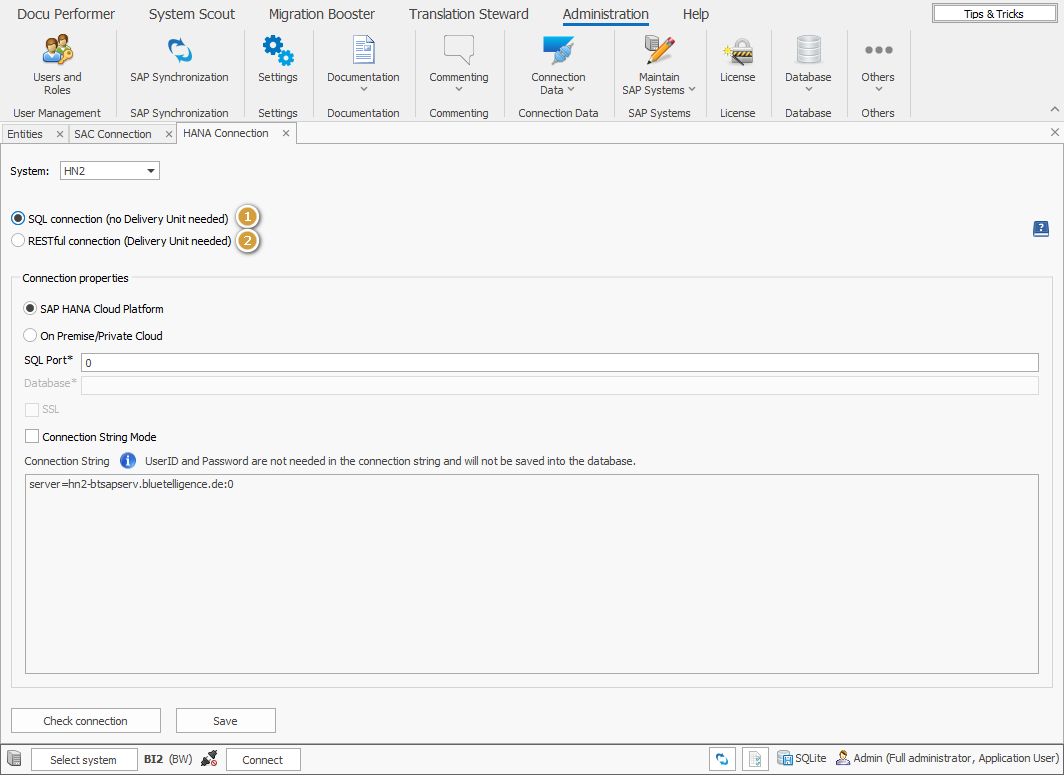 HANA Connection Settings with the two options SQL Connection and RESTful connection