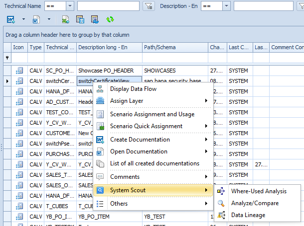 System Scout submenu in the context menu of a Calculation View