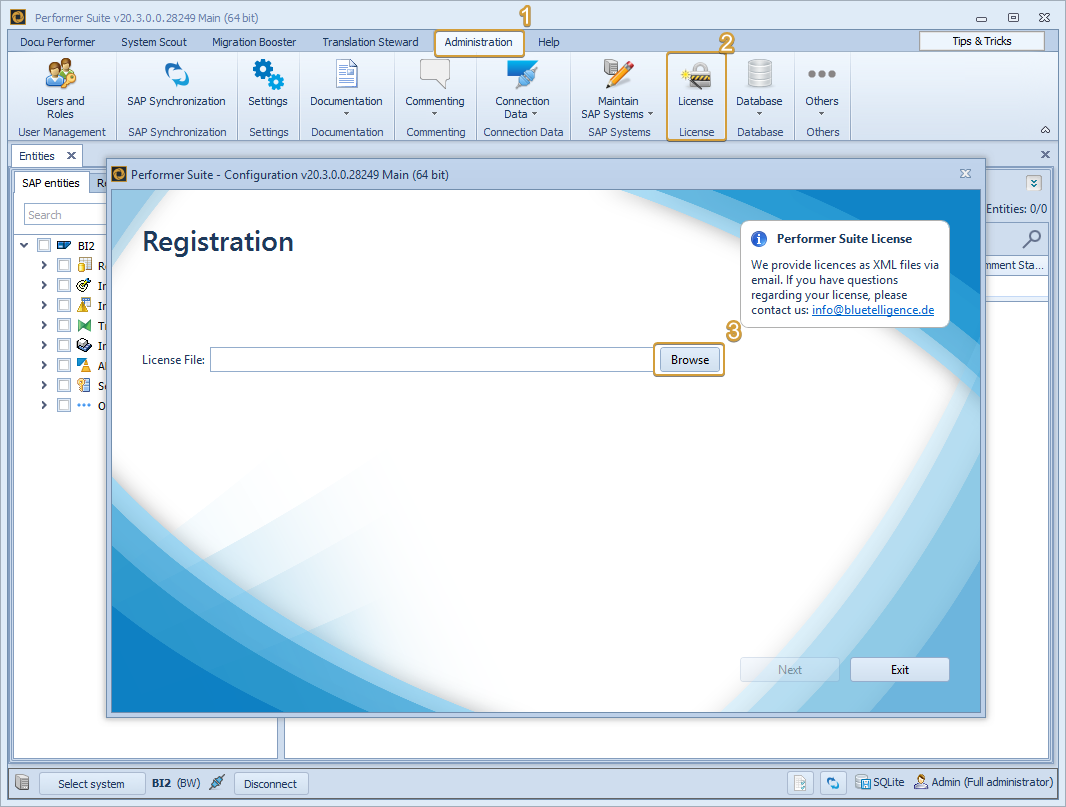 License button in the Administration Ribbon and Registration Window to browse for the license