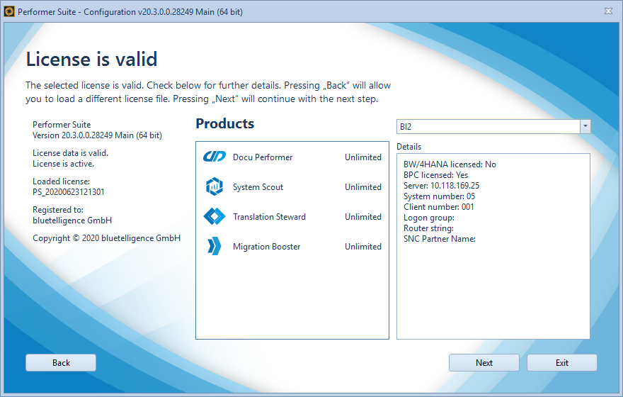 License Overview showing the licensed products and systems