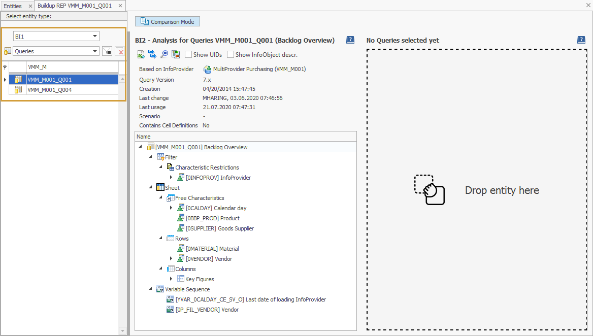 Comparison objects can be selected on the left side in the object selection