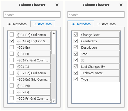Column Chooser with tabs for SAP Metadata and customizable data, like comments