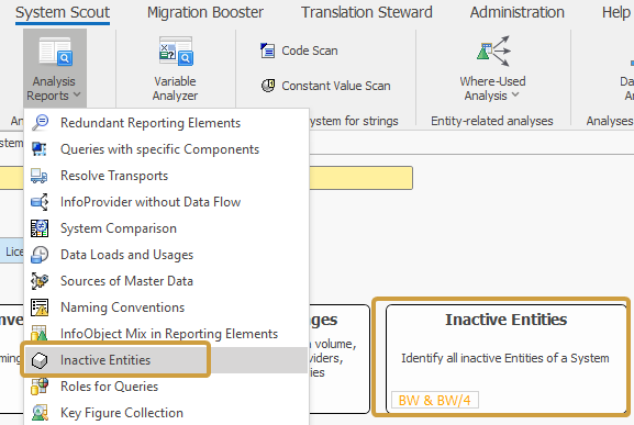 Inactive entities in the Analysis Reports dropdown of the System Scout ribbon