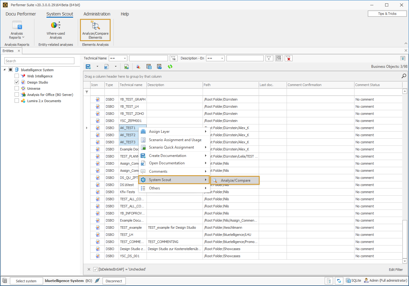 Anlyze and Compare in the System Scout ribbon and in the context menu of a BO object