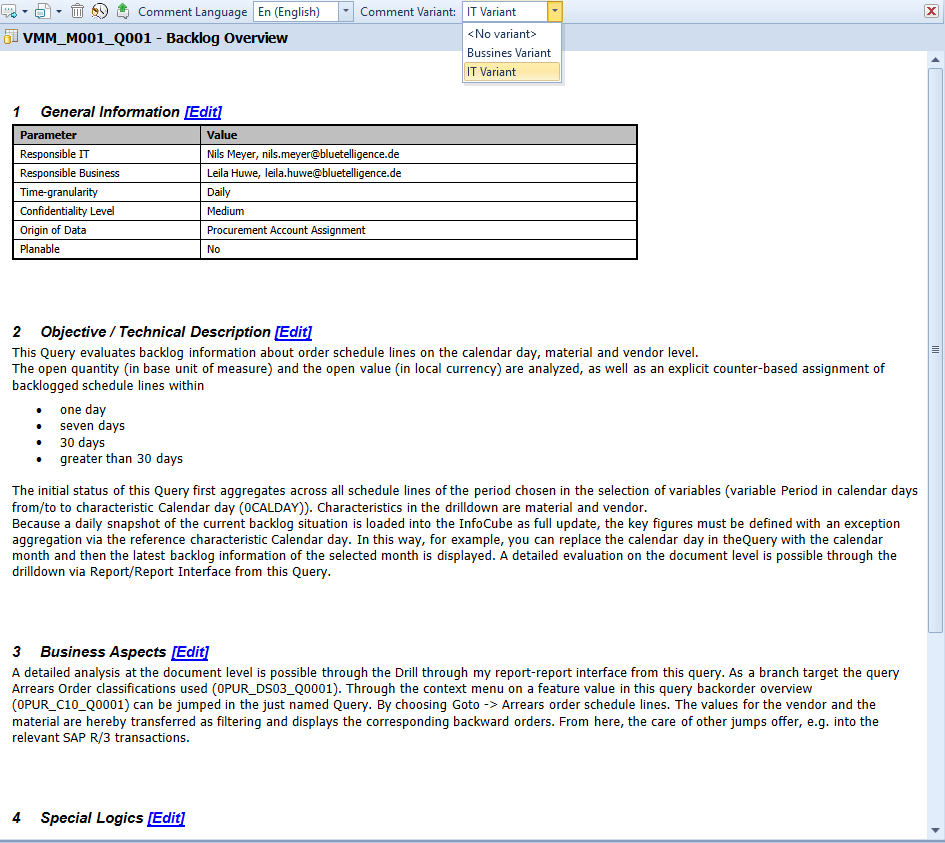 comment Variant selection in the comment editor of the Docu Performer