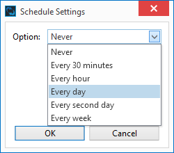 Schedule options from every 30 minutes to every week