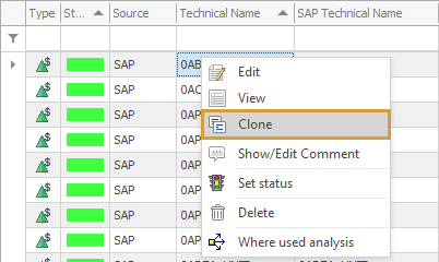 Clone option in the context menu of an object in the Modeling Entities Grid