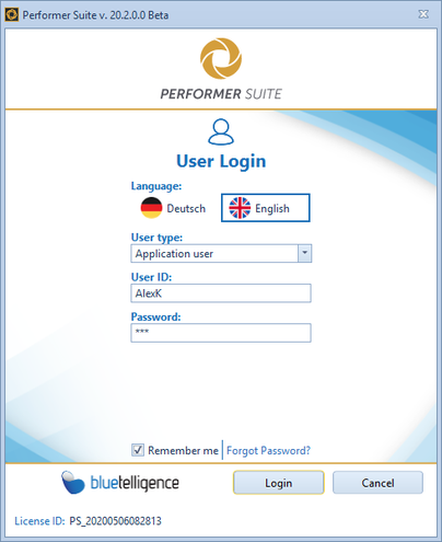 Performer Suite Login with Application user selected as User type